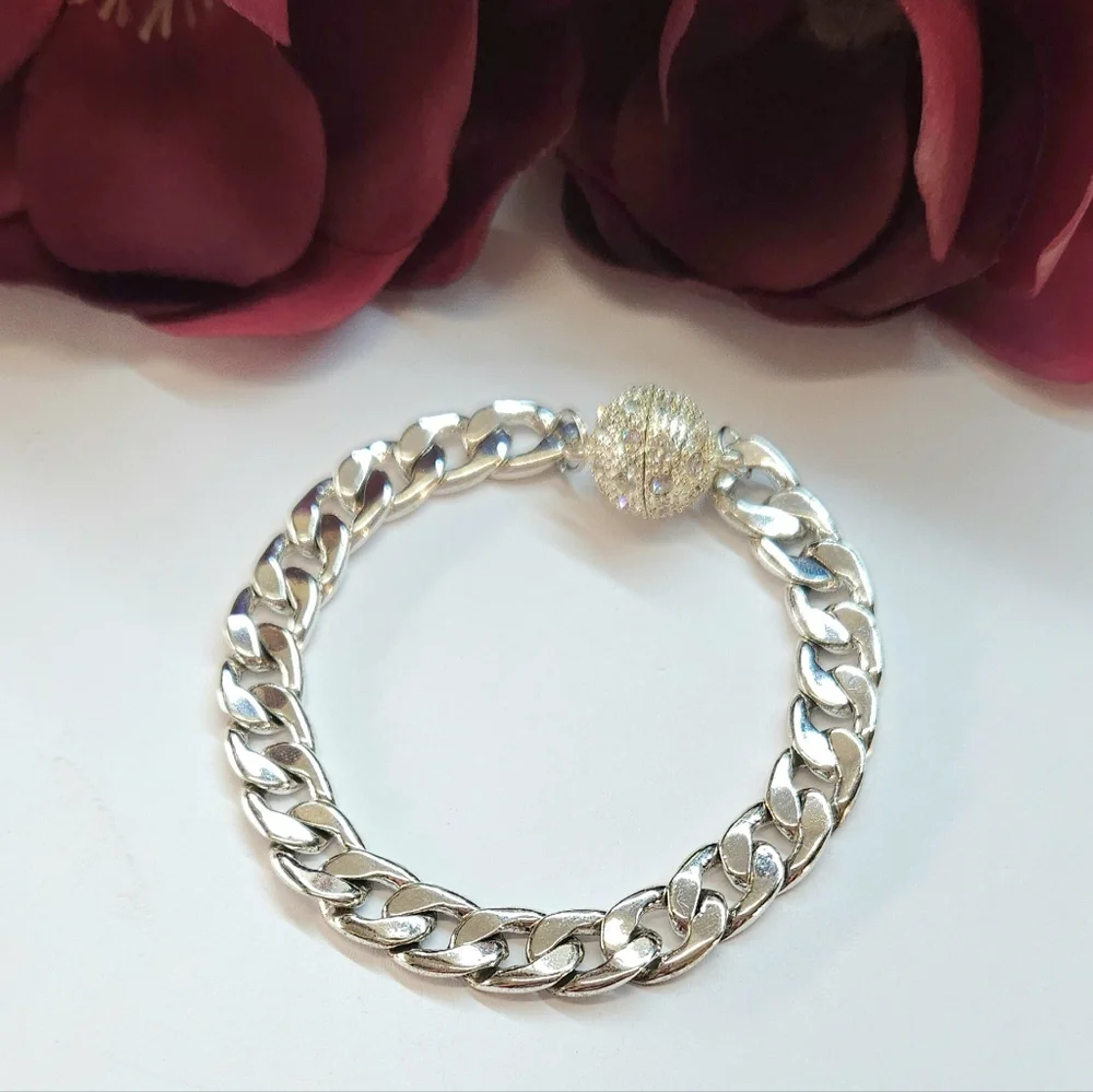 Chunky Silver Curb Chain & Crystal Bead Clasp Bracelet Magnetic Clasp